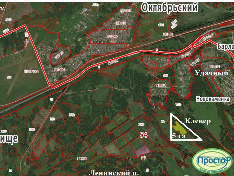 Участок 5 га , земли населенных пунктов. Примыкает к ДНТ Клевер. От участка можем отделить сколько необходимо, можем продать и целиком. 1 сотка по цене 7 тыс. рублей. 
Неподалеку поселок Новокаменка, поселок Ленинский( с/х Ягодный), ДНТ Удачный. Территория административно относится к станции Мочище,